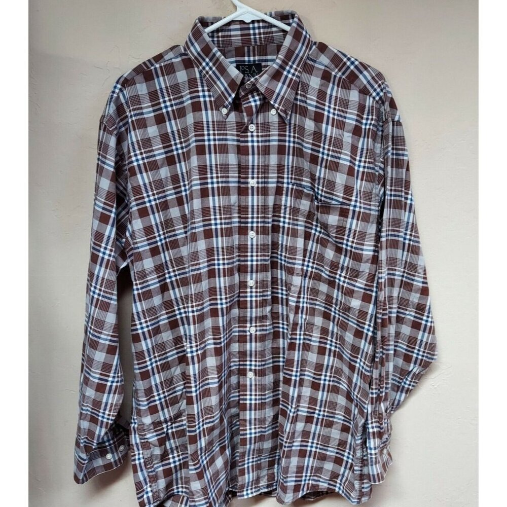 JoS. A. Bank Mens Large Button Front Casual Shirt Long Sleeve Cotton Plaid Brown